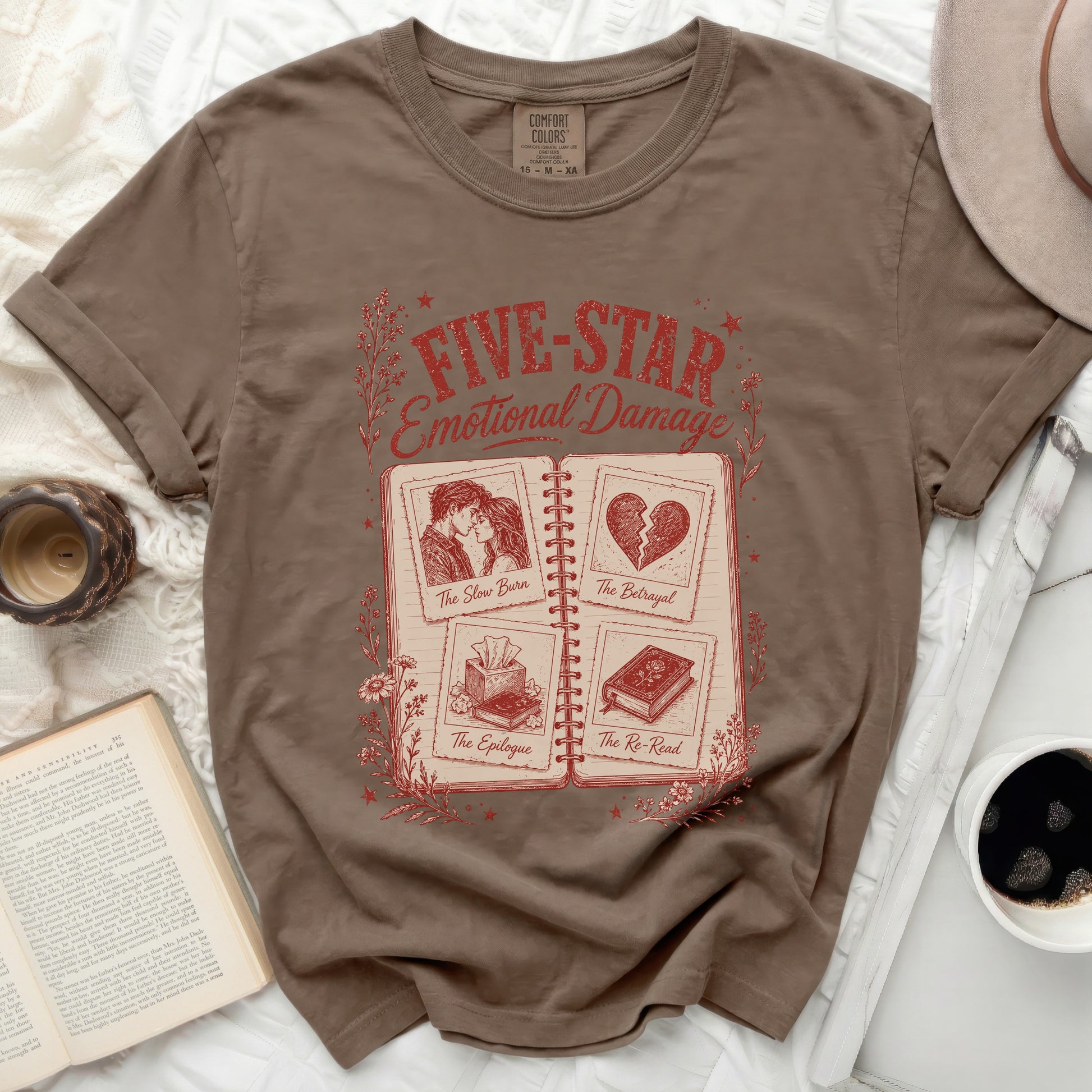Brown t-shirt with "Five-Star Emotional Damage" book cover design.