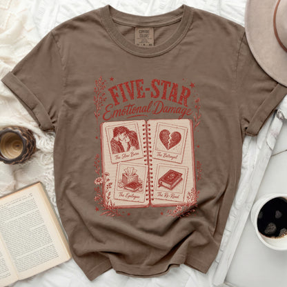 Brown t-shirt with "Five-Star Emotional Damage" book cover design.