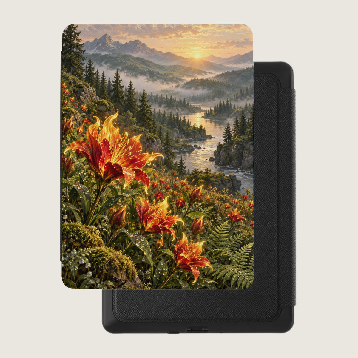 Digital painting of fire lilies in a misty mountain valley at sunrise.