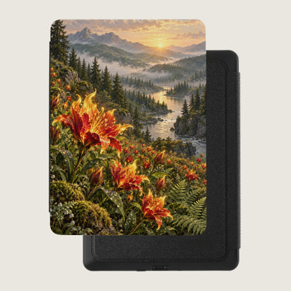 Digital painting of fire lilies in a misty mountain valley at sunrise.