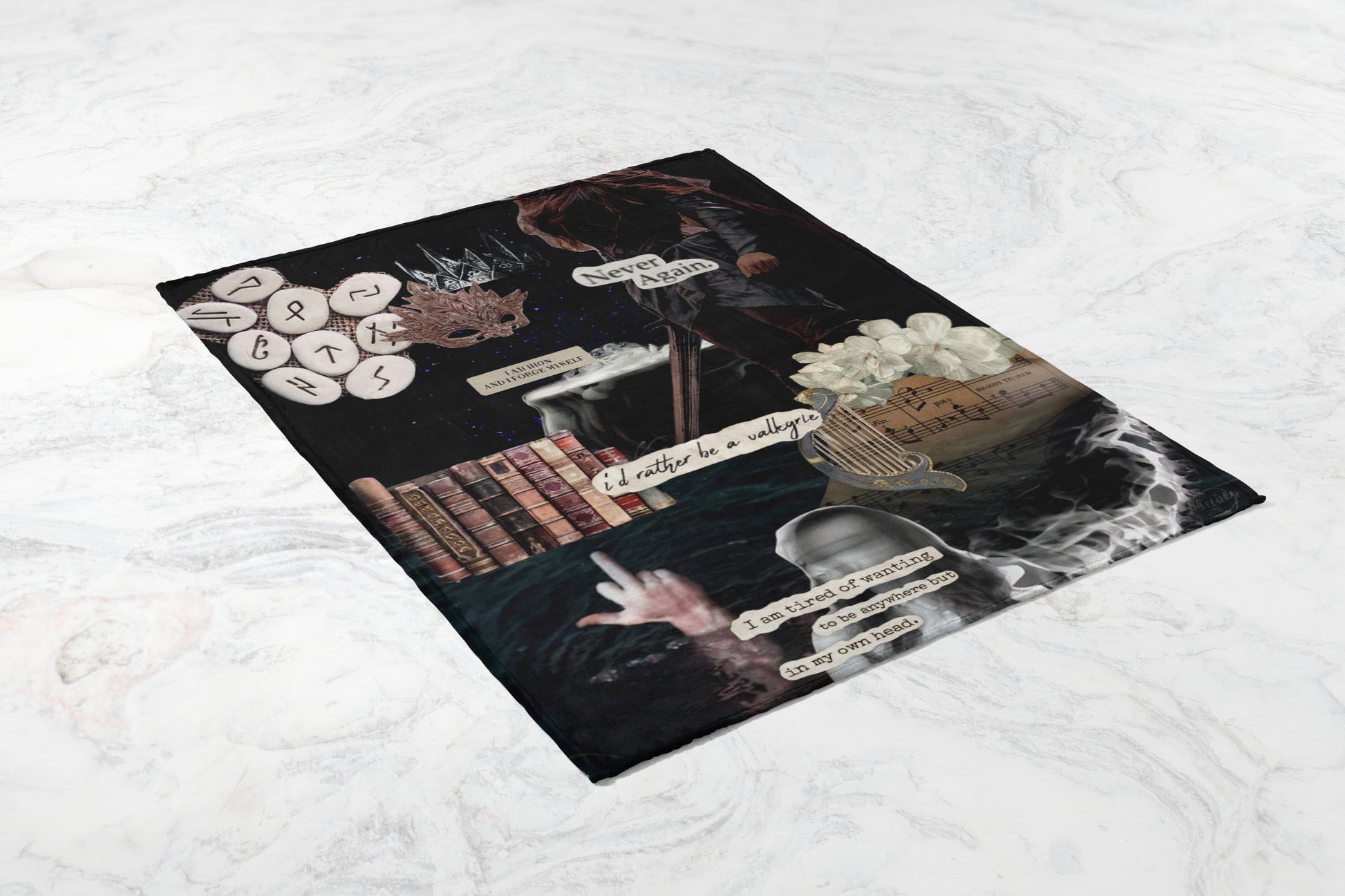 Dreamlike Fantasy Collage on Black Throw Blanket