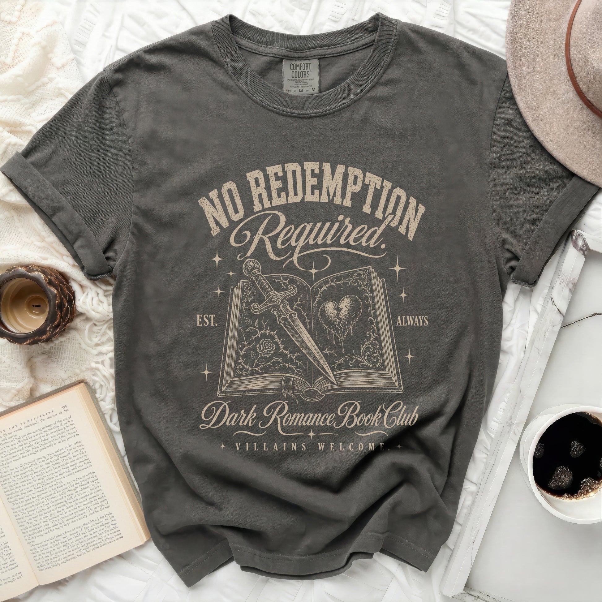 Dark Romance Book Club graphic t-shirt with book, sword, and broken heart.