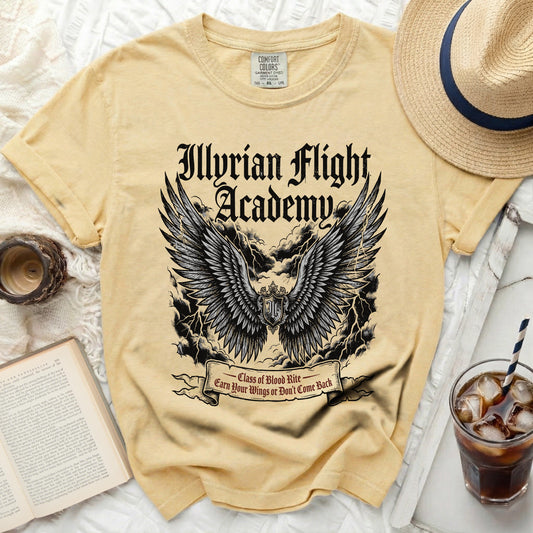 Yellow t-shirt with "Illyrian Flight Academy" text and winged emblem.