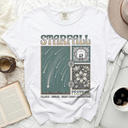 White t-shirt with "Starfall Festival" graphic, shooting stars, and flowers.