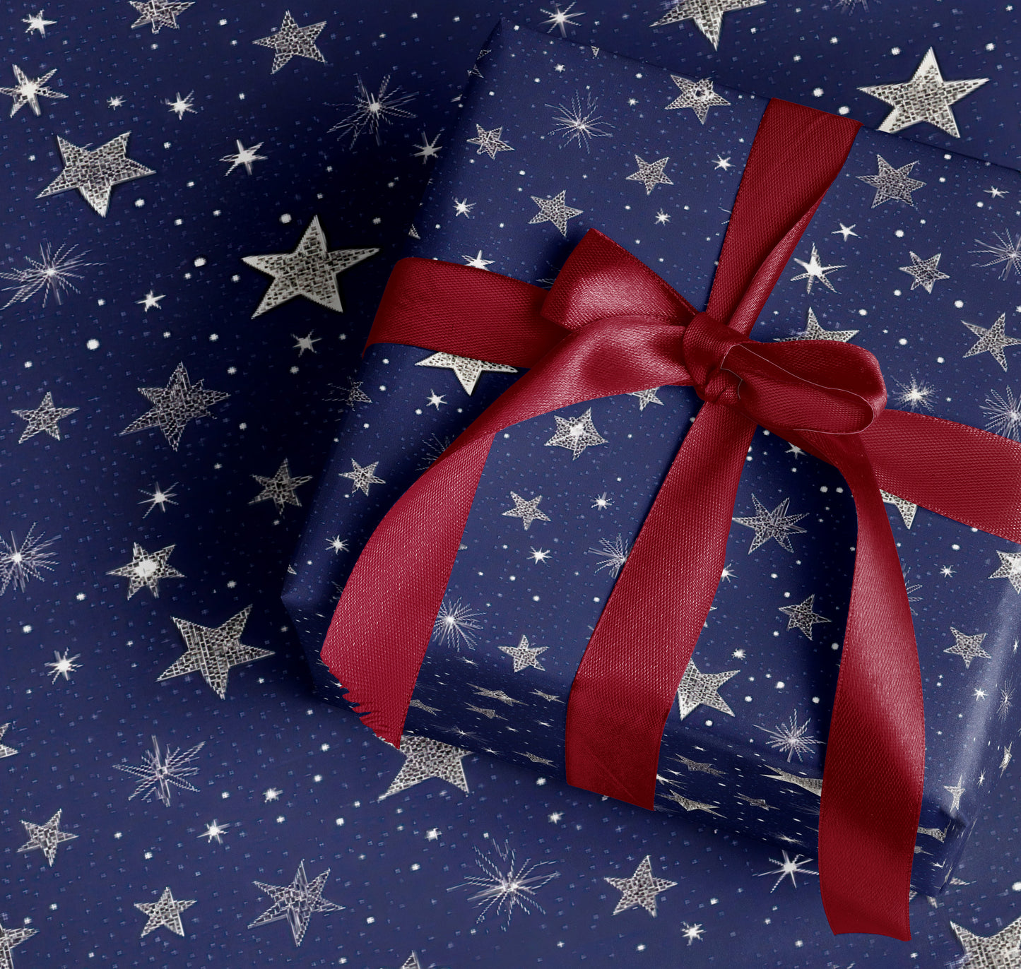 Starry Night Blue Gift Wrapping Paper with Red Ribbon