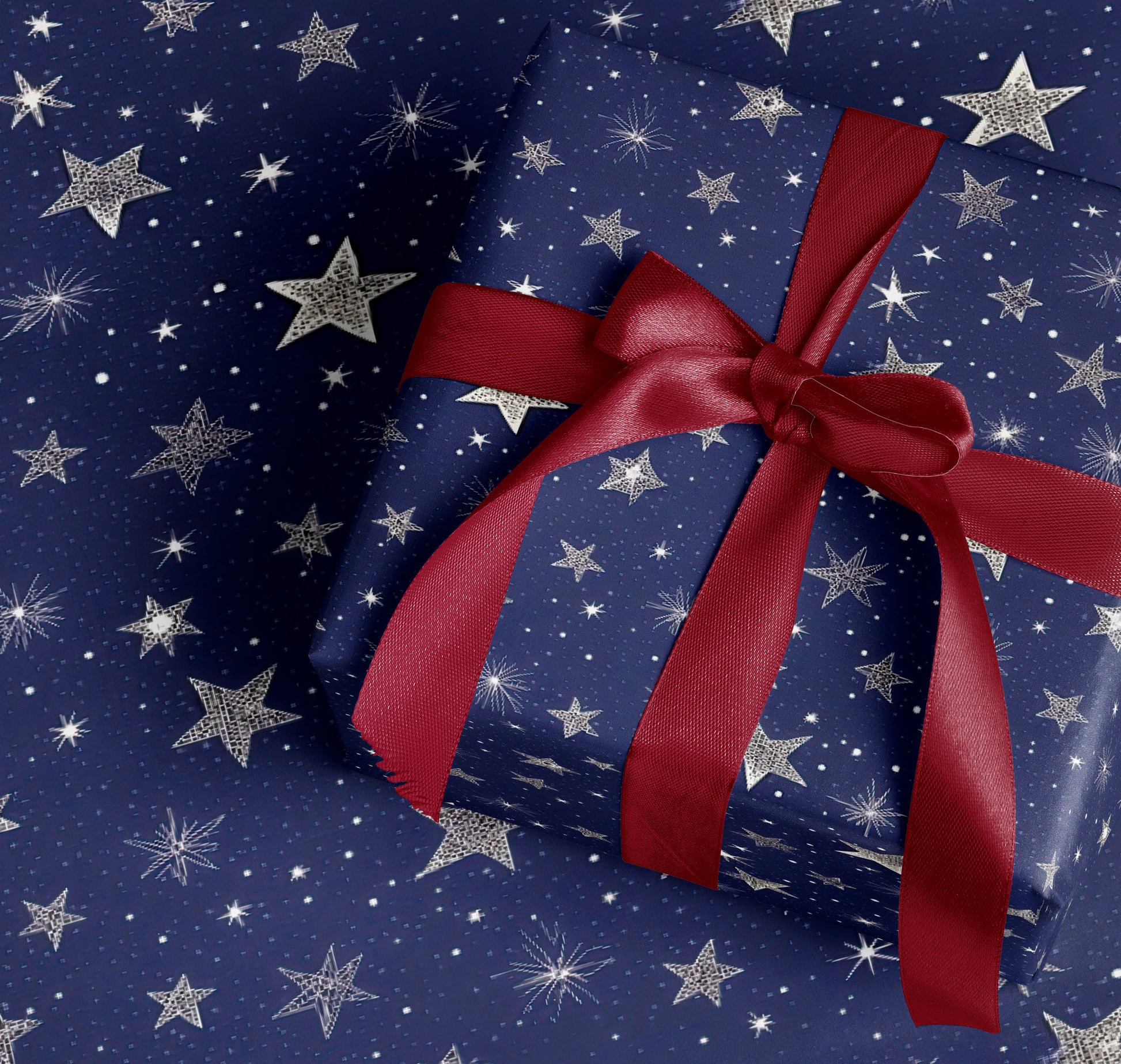 Starry Night Blue Gift Wrapping Paper with Red Ribbon