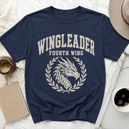 Navy t-shirt with "WINGLEADER FOURTH WING" and a dragon emblem.