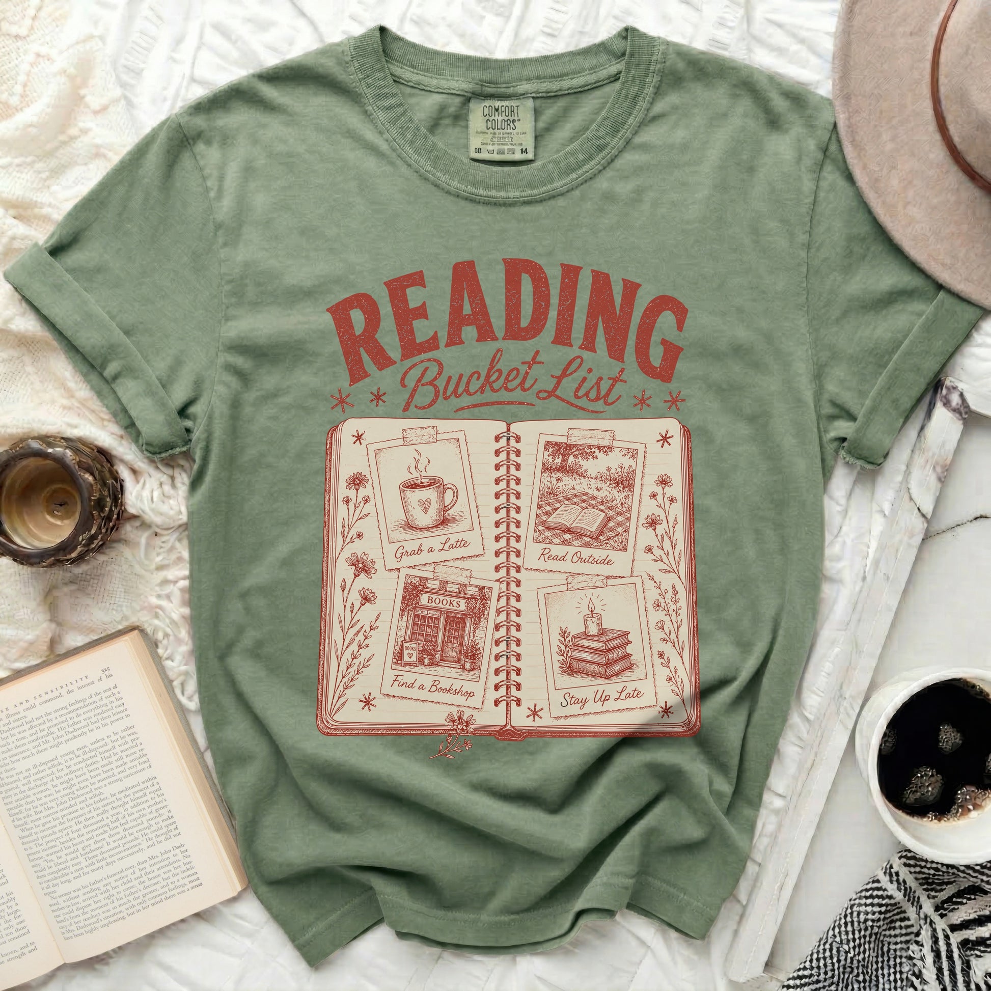 Green t-shirt with "Reading Bucket List" and four book-themed activities.