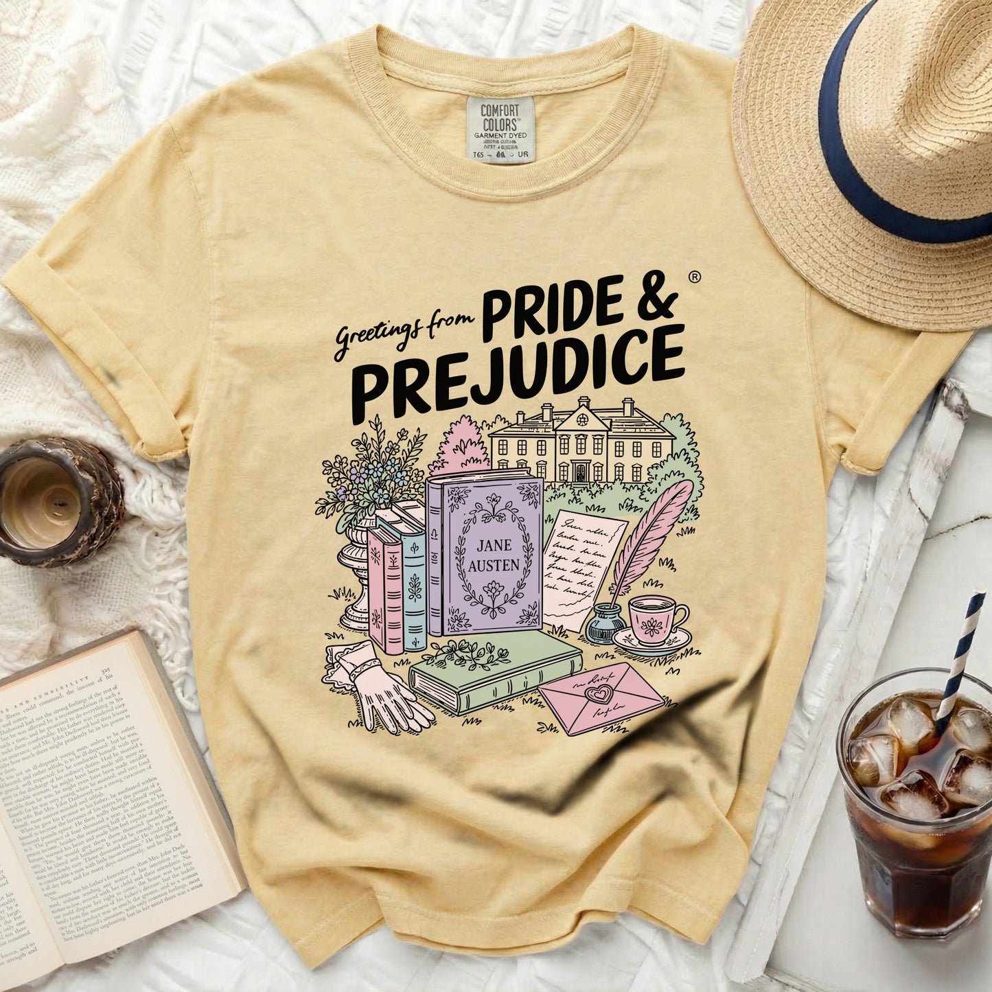 Yellow t-shirt with "Greetings from Pride & Prejudice" and Jane Austen illustration.