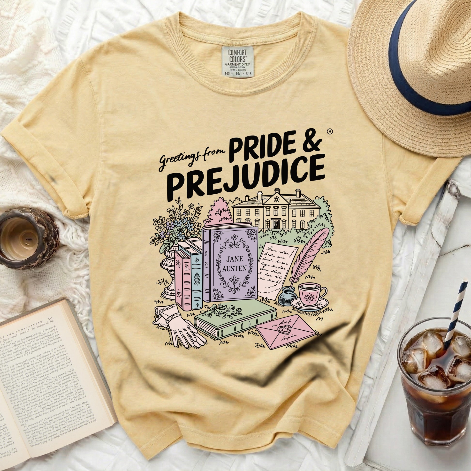 Yellow t-shirt with "Greetings from Pride & Prejudice" and Jane Austen illustration.