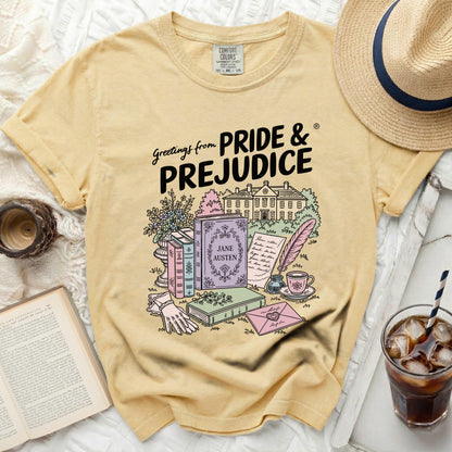 Yellow t-shirt with "Greetings from Pride & Prejudice" and Jane Austen illustration.