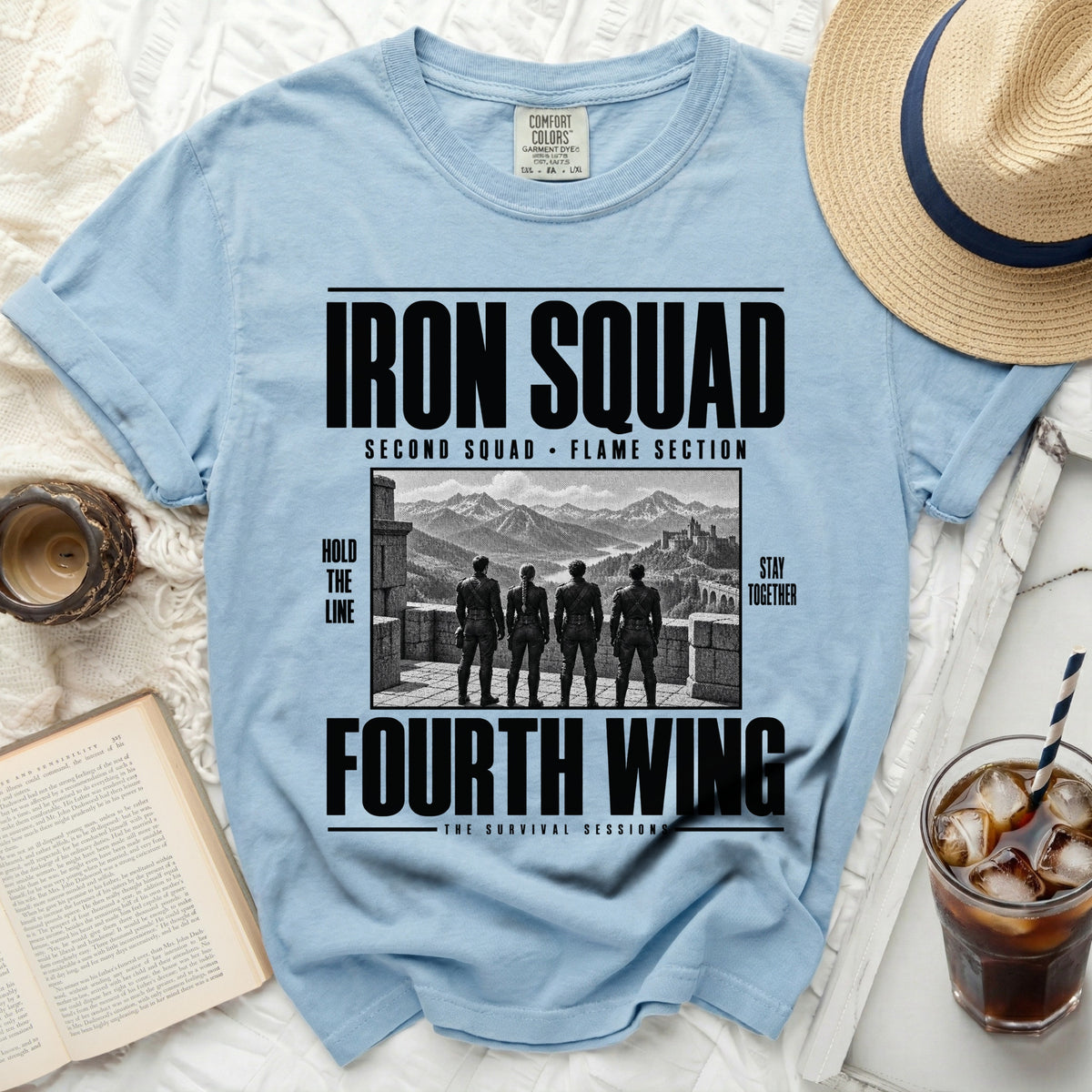 Light blue t-shirt with "IRON SQUAD" "FOURTH WING" text and four figures.