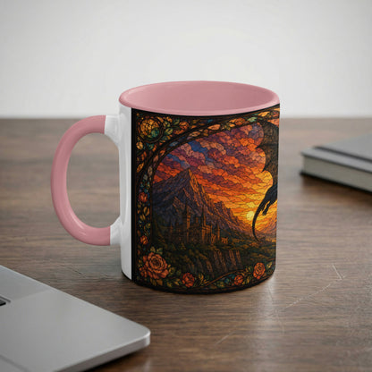 Mug with stained glass design of a dragon and castle at sunset.