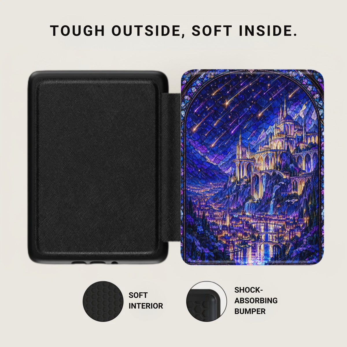 An open Kindle case with a textured black interior on the left and a stained-glass castle design on the right.