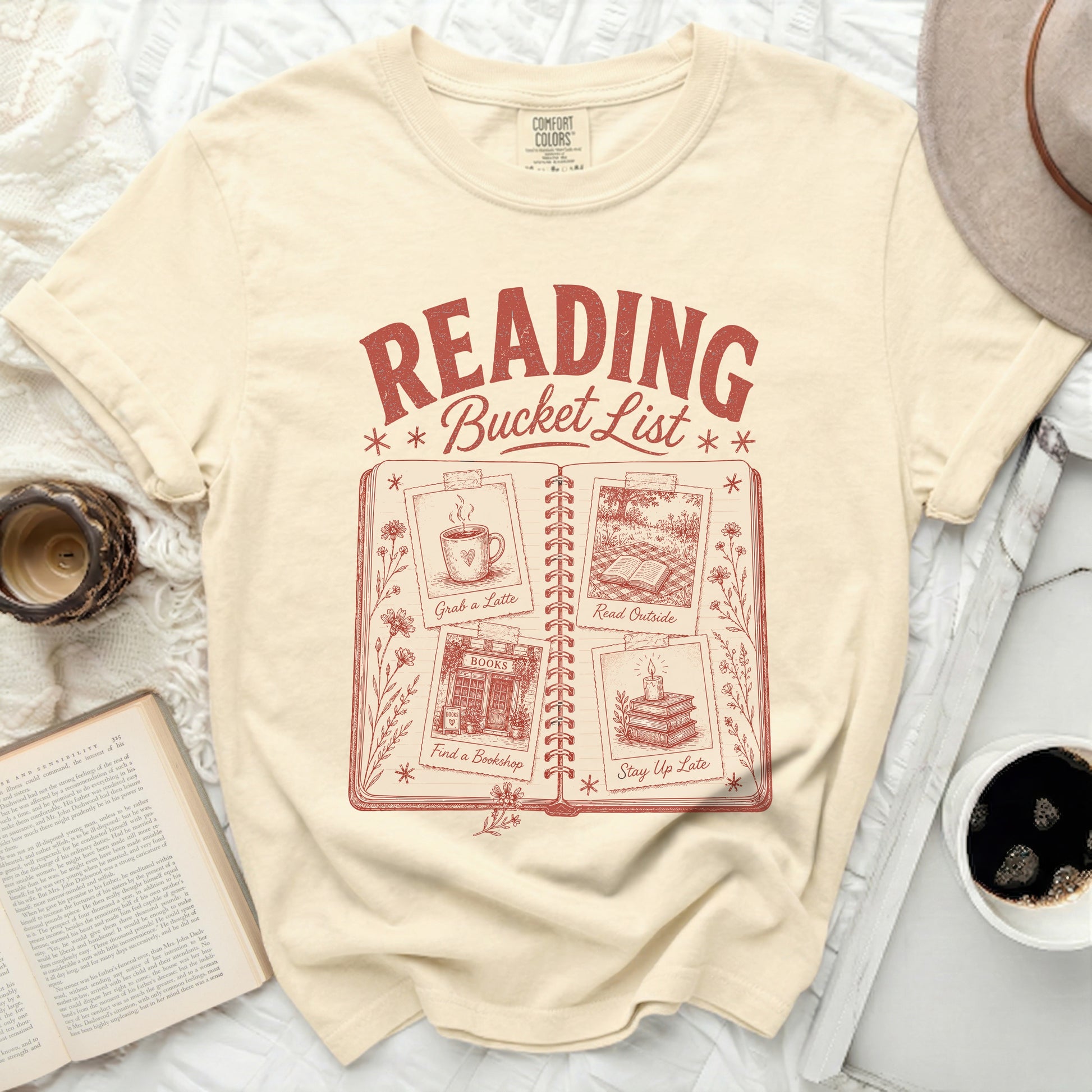 Comfort Colors shirt with "Reading Bucket List" graphic and four illustrated activities.