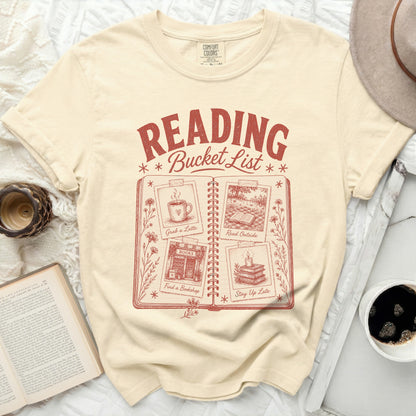 Comfort Colors shirt with "Reading Bucket List" graphic and four illustrated activities.