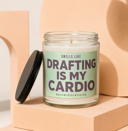Glass candle with "Smells like Drafting is my Cardio" text and a black lid.