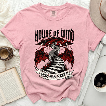 Pink t-shirt with "House of Wind" and "10,000 Steps Survivor" graphic.