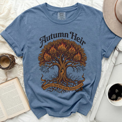 Blue t-shirt with "Autumn Heir" and "Vanserra First Son of the Autumn Court" text.