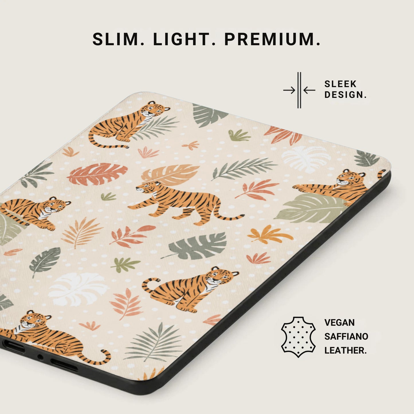 Phone case with tigers and leaves pattern, vegan saffiano leather. SLIM. LIGHT. PREMIUM.