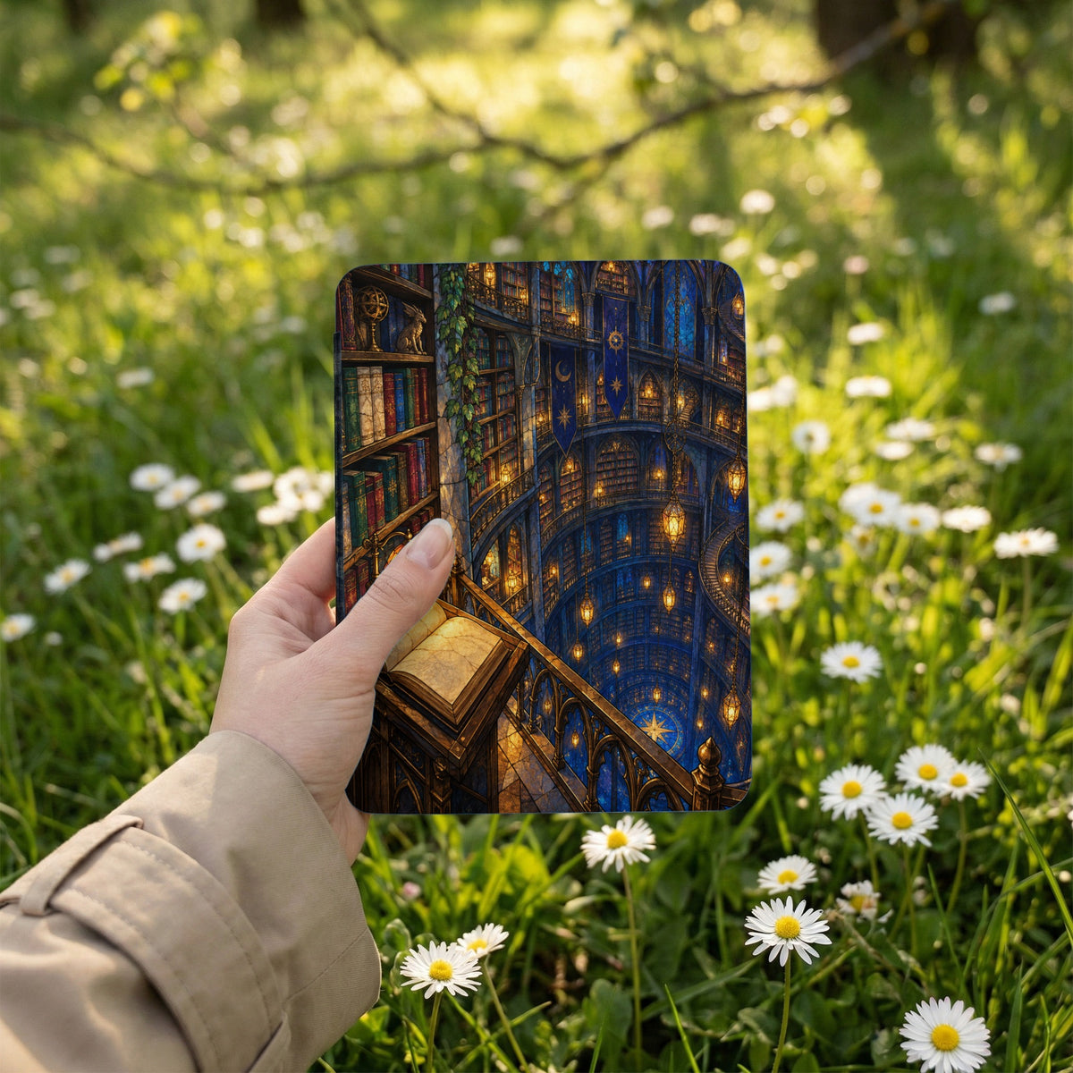 Hand holding a coaster with a fantastical library artwork.