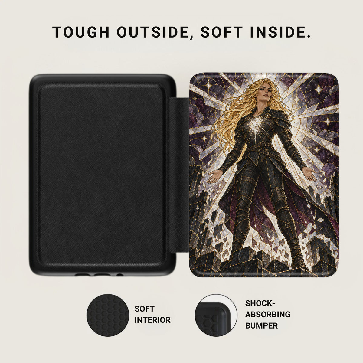 Black case with a blonde warrior graphic, soft interior, and shock-absorbing bumper.