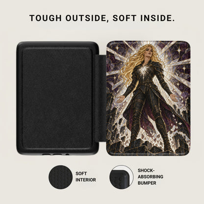 Black case with a blonde warrior graphic, soft interior, and shock-absorbing bumper.