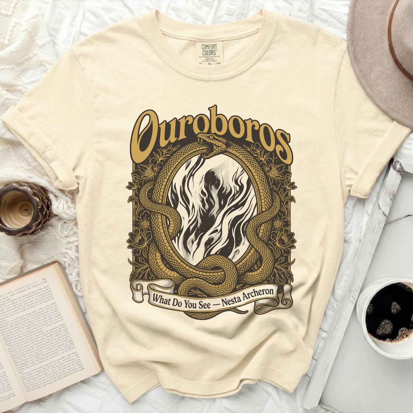 Ouroboros snakes design on beige t-shirt, "What Do You See - Nesta Archeron".