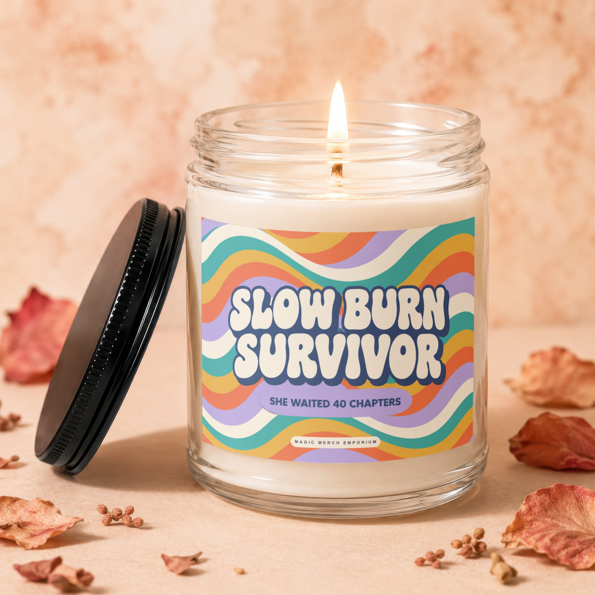 Candle labeled "Slow Burn Survivor, She Waited 40 Chapters".