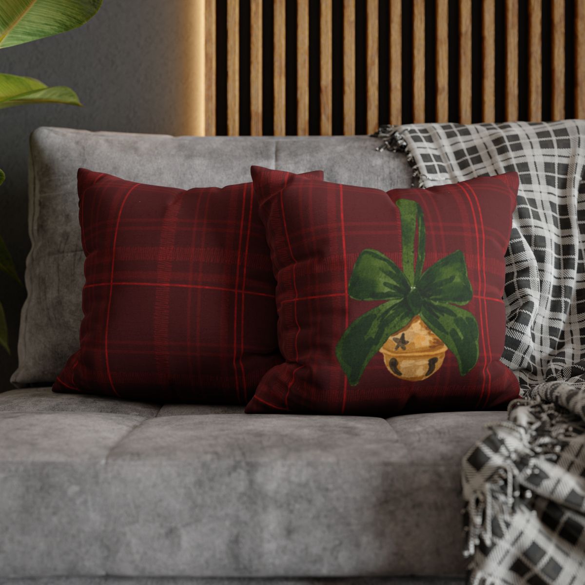 Festive Plaid Pillows with Christmas Bell Design