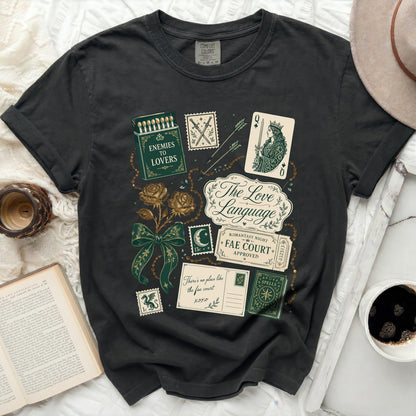 Black t-shirt with "The Love Language" and "Enemies to Lovers" bookish graphic.