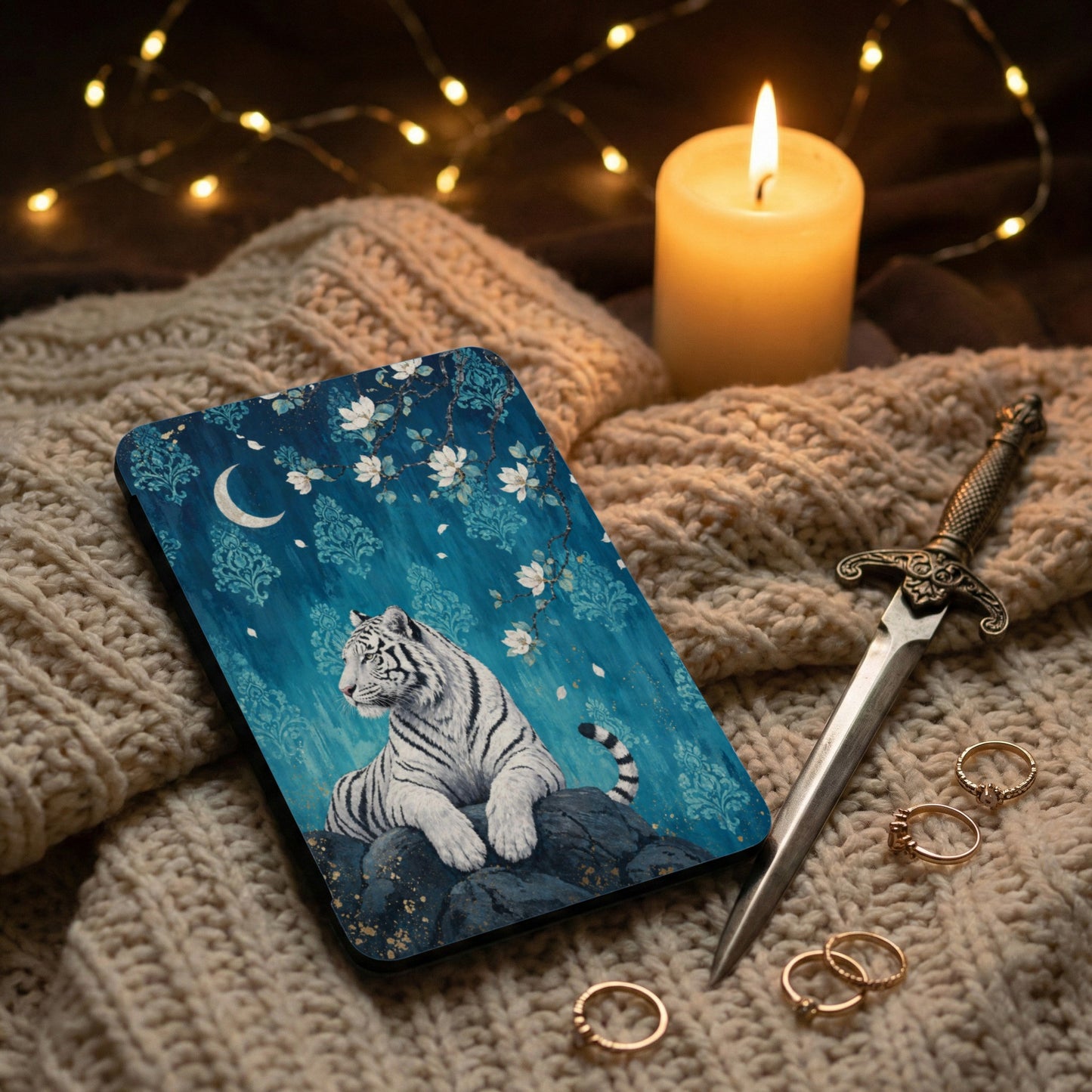 White tiger on rock with floral moon scene, next to sword and rings.