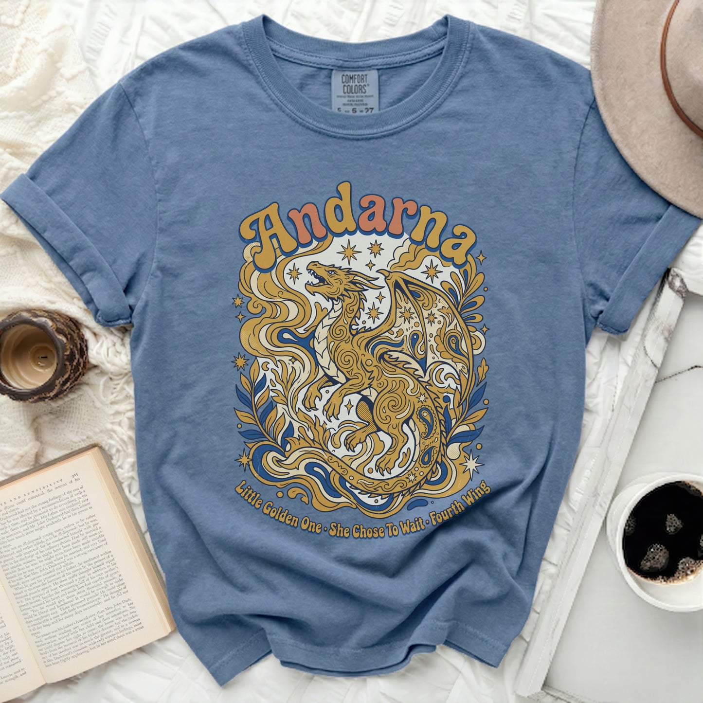 Blue t-shirt with golden dragon and text: Andarna, Little Golden One, She Chose To Wait, Fourth Wing.