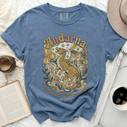 Blue t-shirt with golden dragon and text: Andarna, Little Golden One, She Chose To Wait, Fourth Wing.
