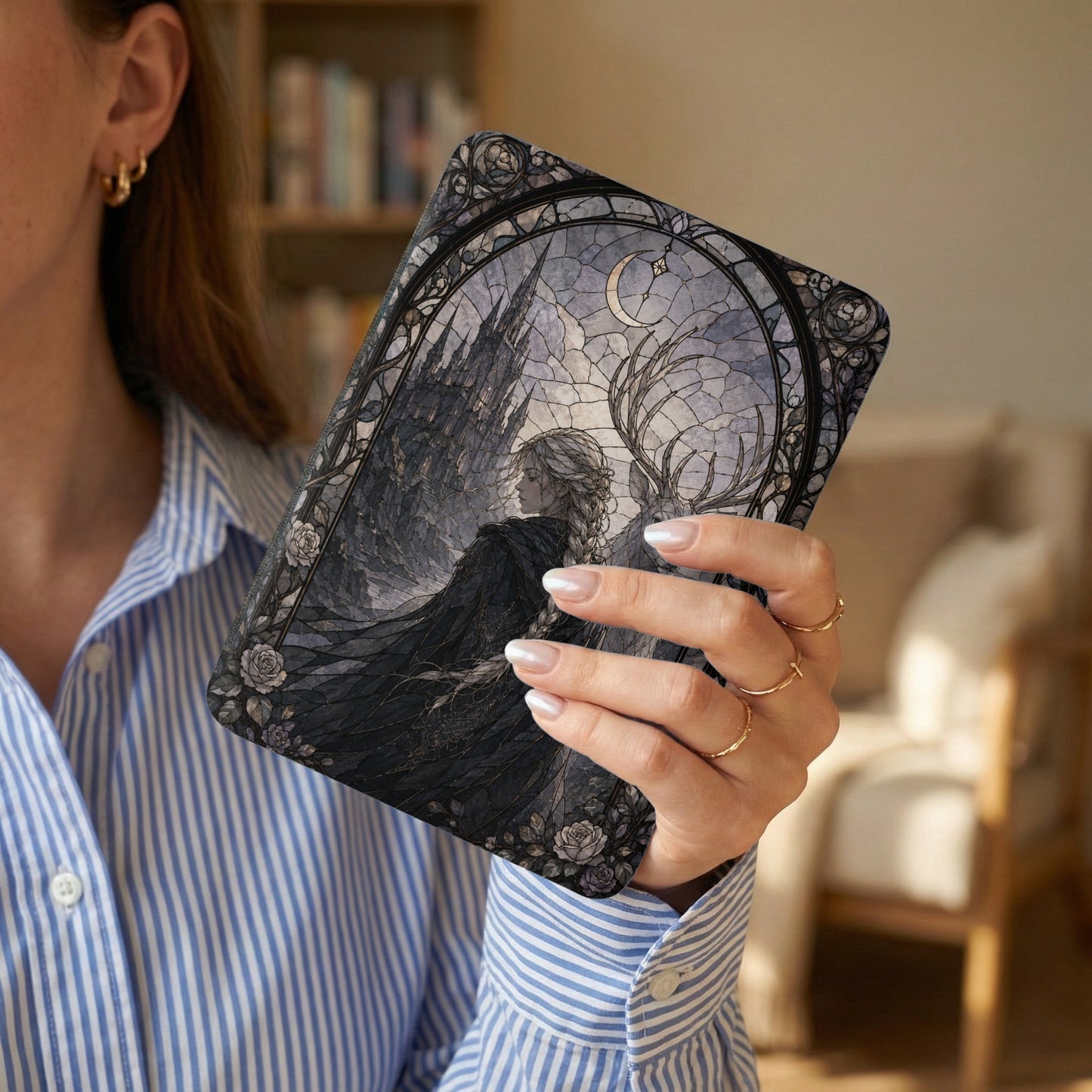 Tablet case with gothic stained glass design featuring a castle and crescent moon.