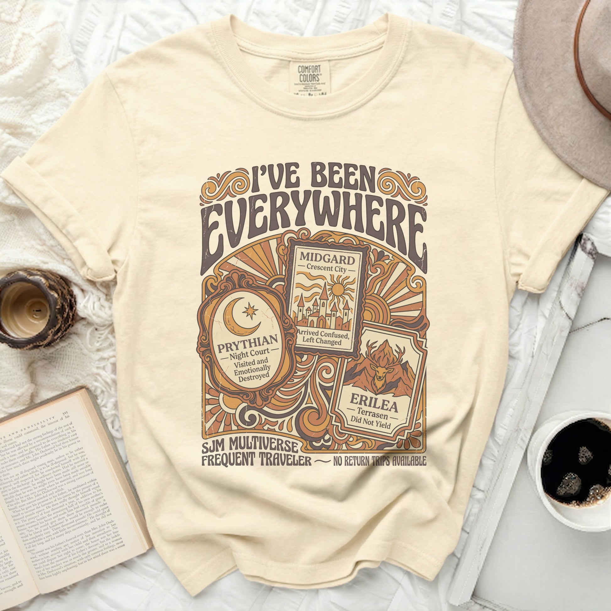 Comfort Colors t-shirt with "I've Been Everywhere" and travel card graphics.