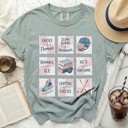 T-shirt with nine square panels of hockey terms and graphics.