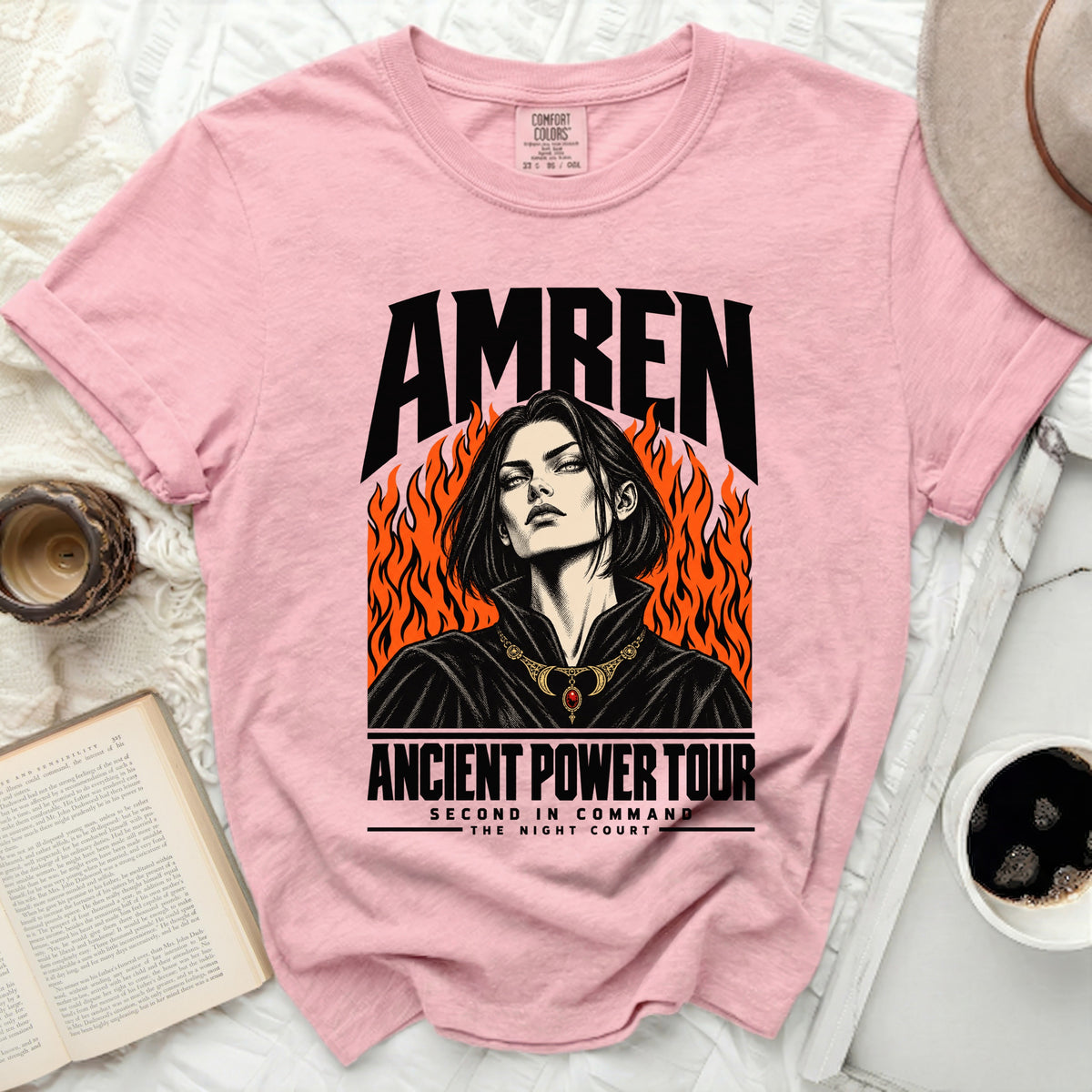 Pink t-shirt with Amren "Ancient Power Tour" graphic featuring flames.