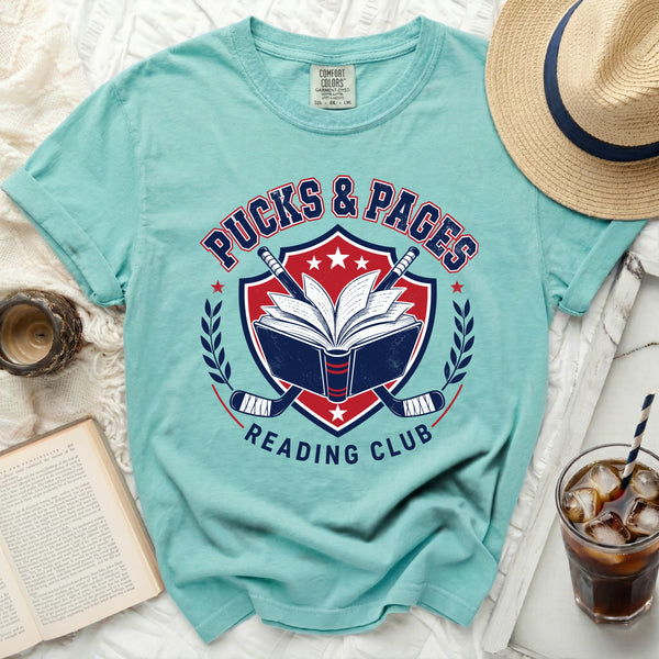Pucks & Pages Reading Club Hockey Tee in Island Reef
