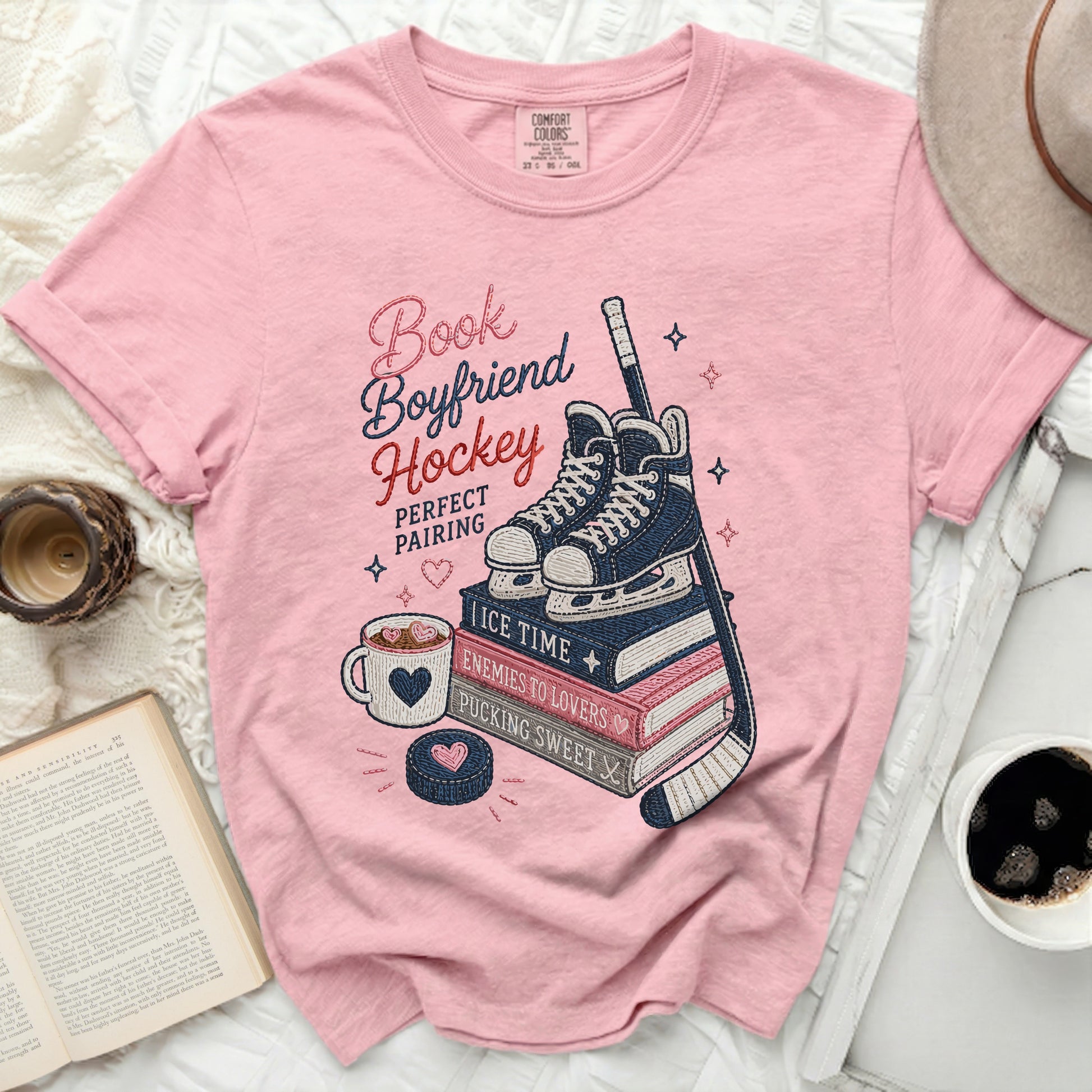 Graphic tee with "Book Boyfriend Hockey" and hockey theme.