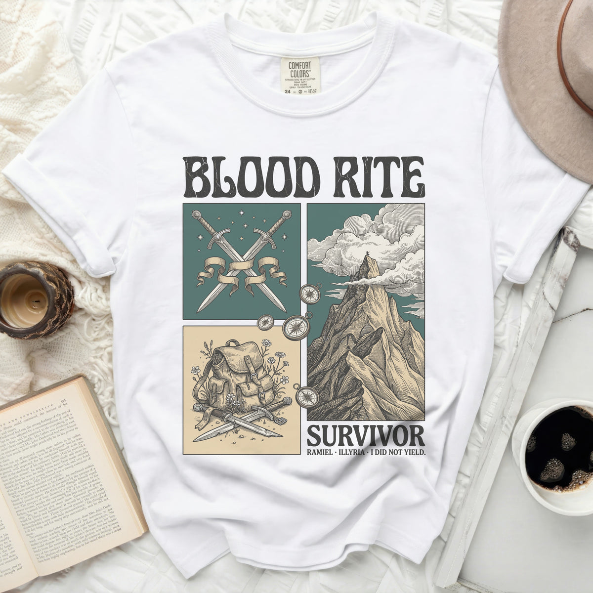 White t-shirt with "Blood Rite Survivor" graphic and crossed swords.