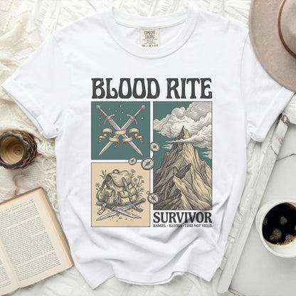 White t-shirt with "Blood Rite Survivor" graphic and crossed swords.