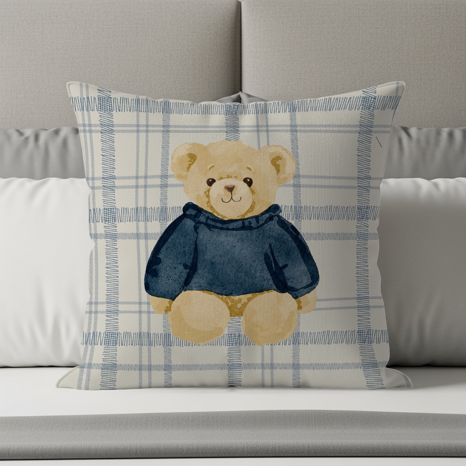 Adorable Teddy Bear in Blue Hoodie Pillow Cover