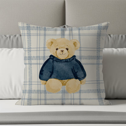 Adorable Teddy Bear in Blue Hoodie Pillow Cover