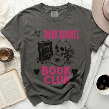 Dark Romance Book Club t-shirt with skull, roses, and envelope design.