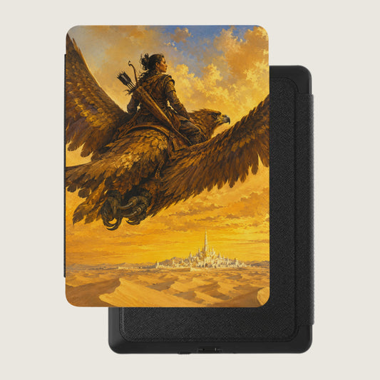 Fantasy art of a warrior woman riding a giant eagle over a desert city.