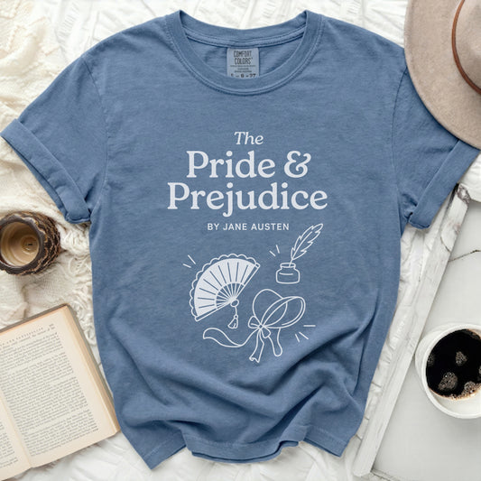 Blue t-shirt with "The Pride & Prejudice by Jane Austen" and line art.