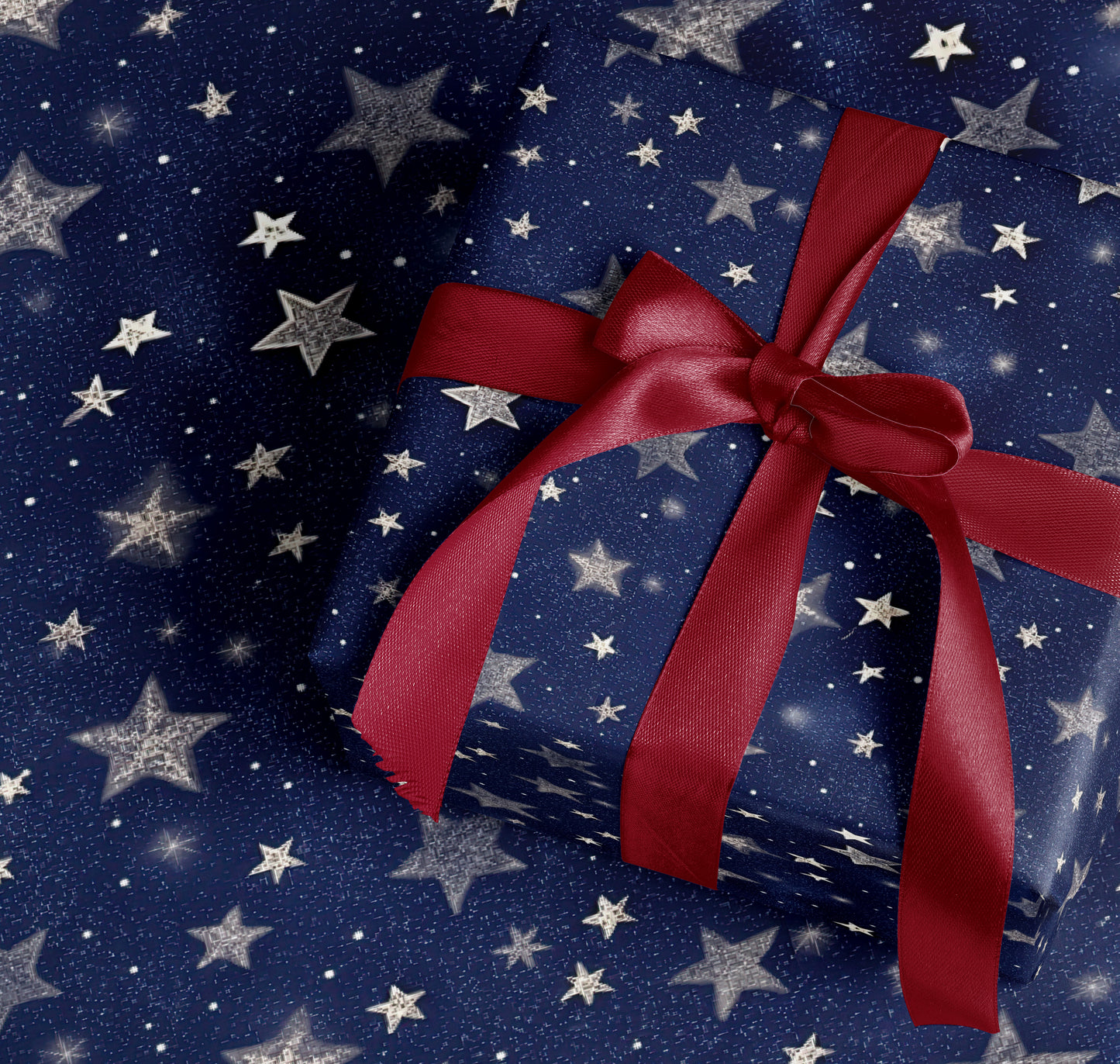 Starry Night Gift Wrap with Red Ribbon Design