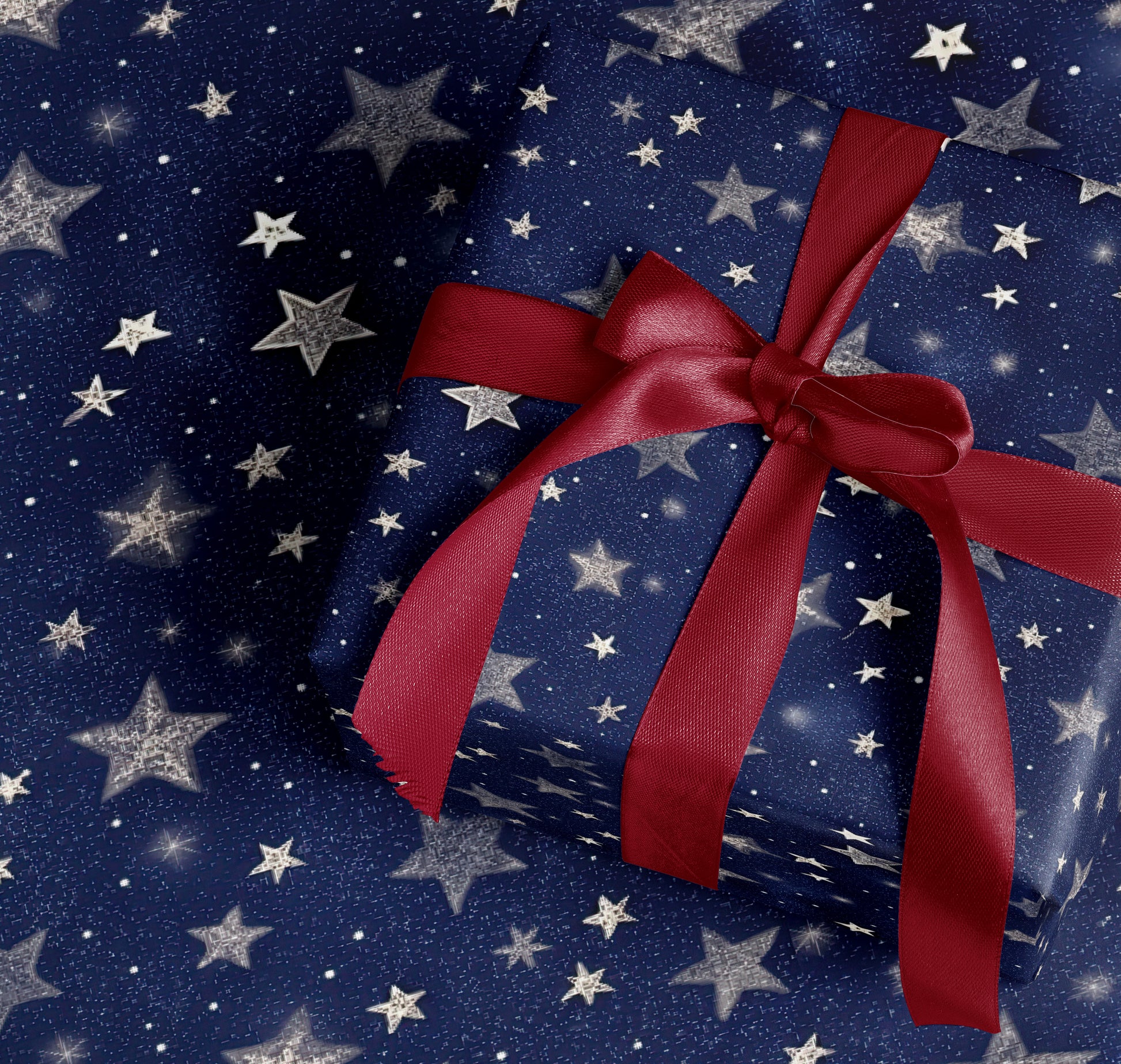 Starry Night Gift Wrap with Red Ribbon Design