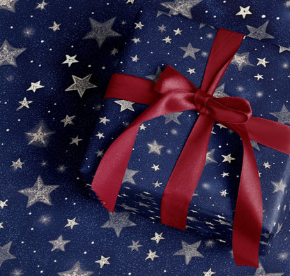 Starry Night Gift Wrap with Red Ribbon Design